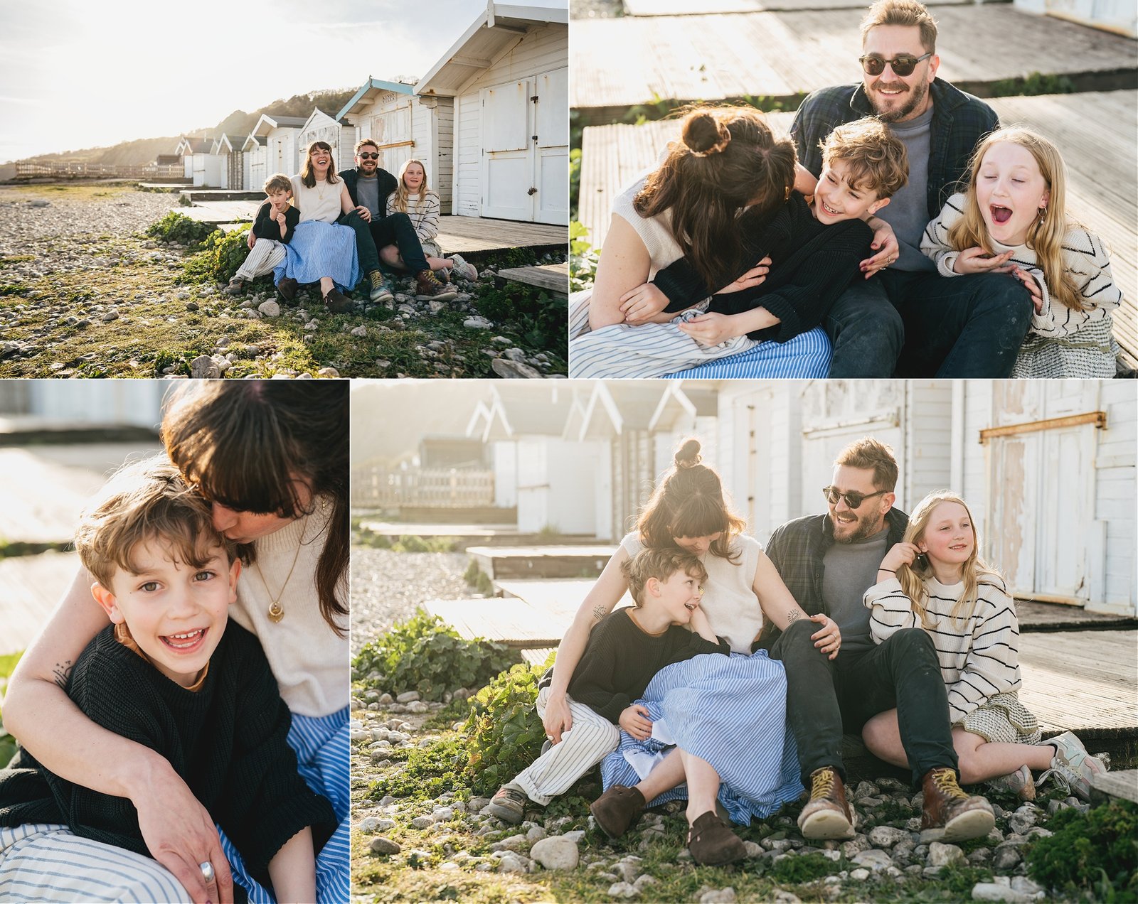 Family photos together by the beach huts in Lyme Regis, during a family photo session 