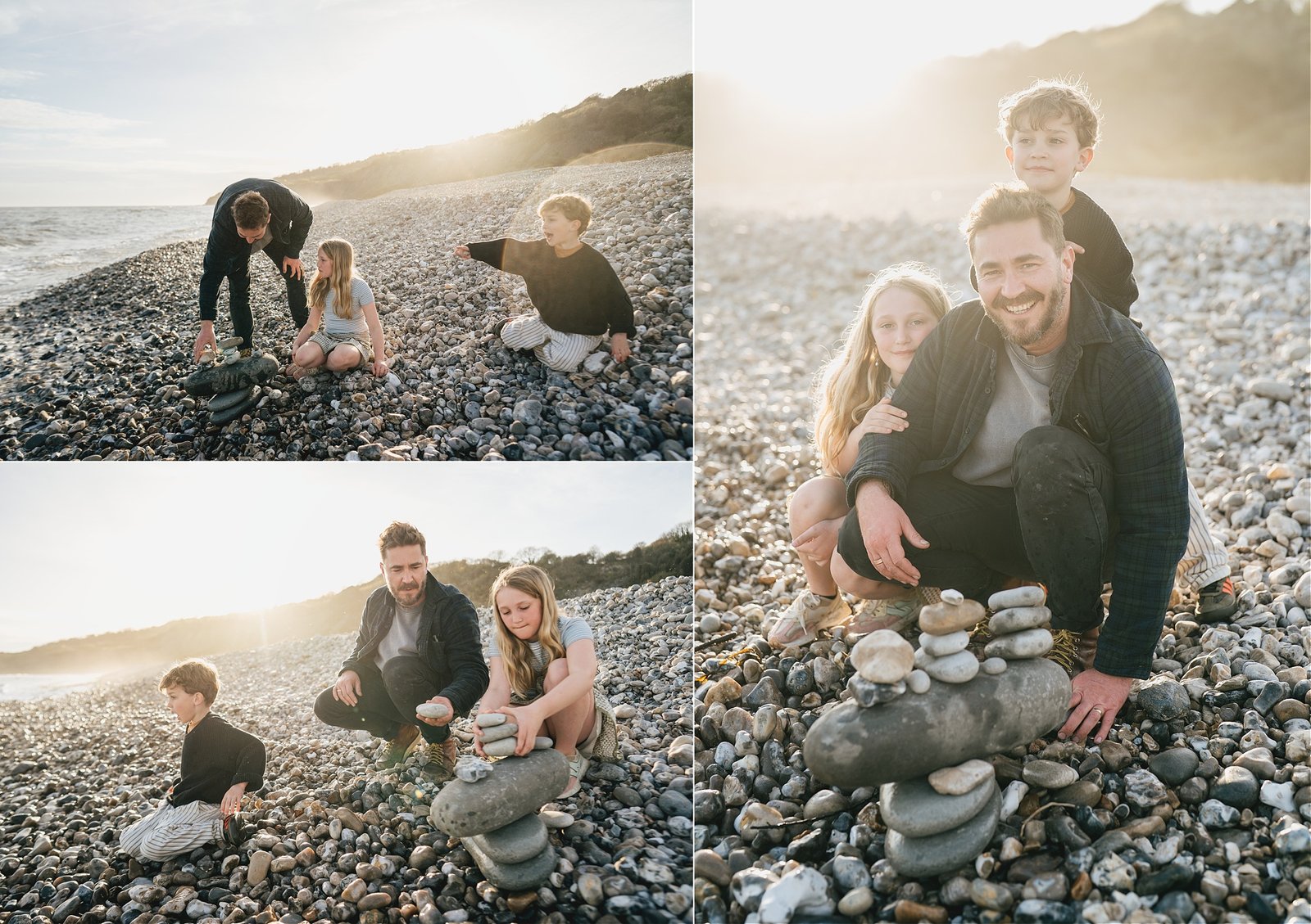 A father playing with his children on Monmouth beach in Lyme Regis, during a family photography session with the sun setting