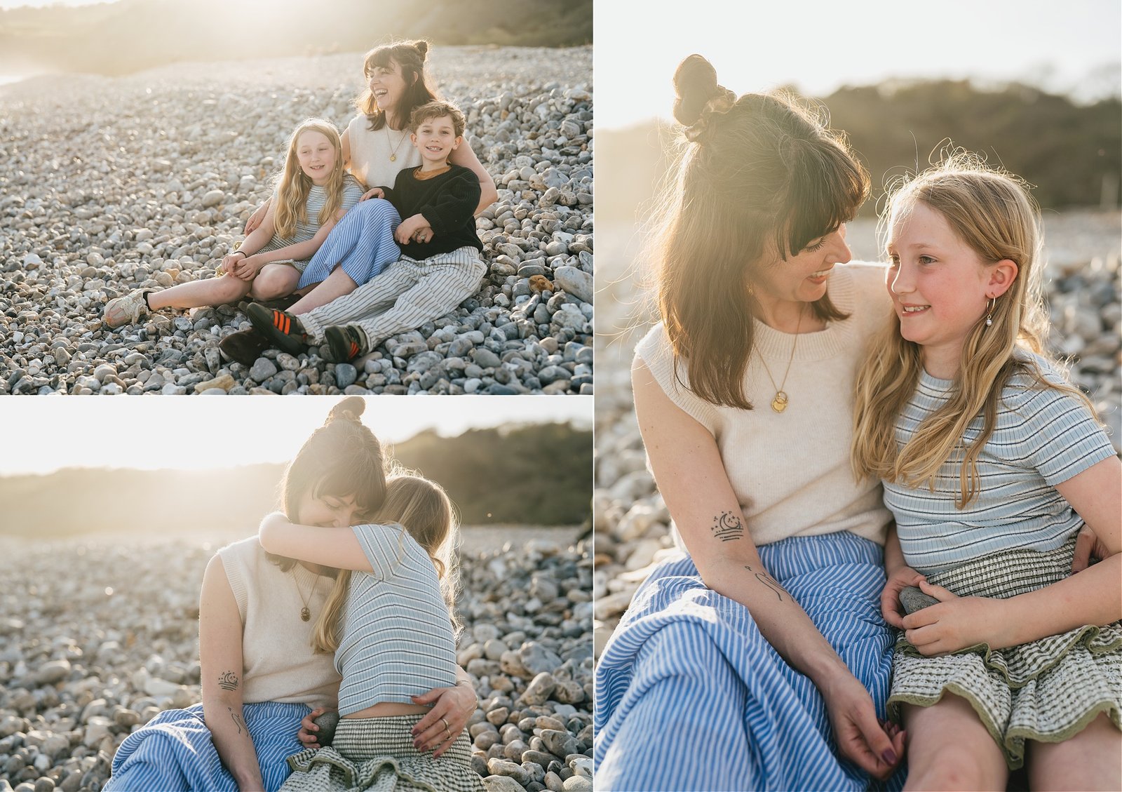 A mother and children cuddling together during a family photography session on the beach in Lyme Regis