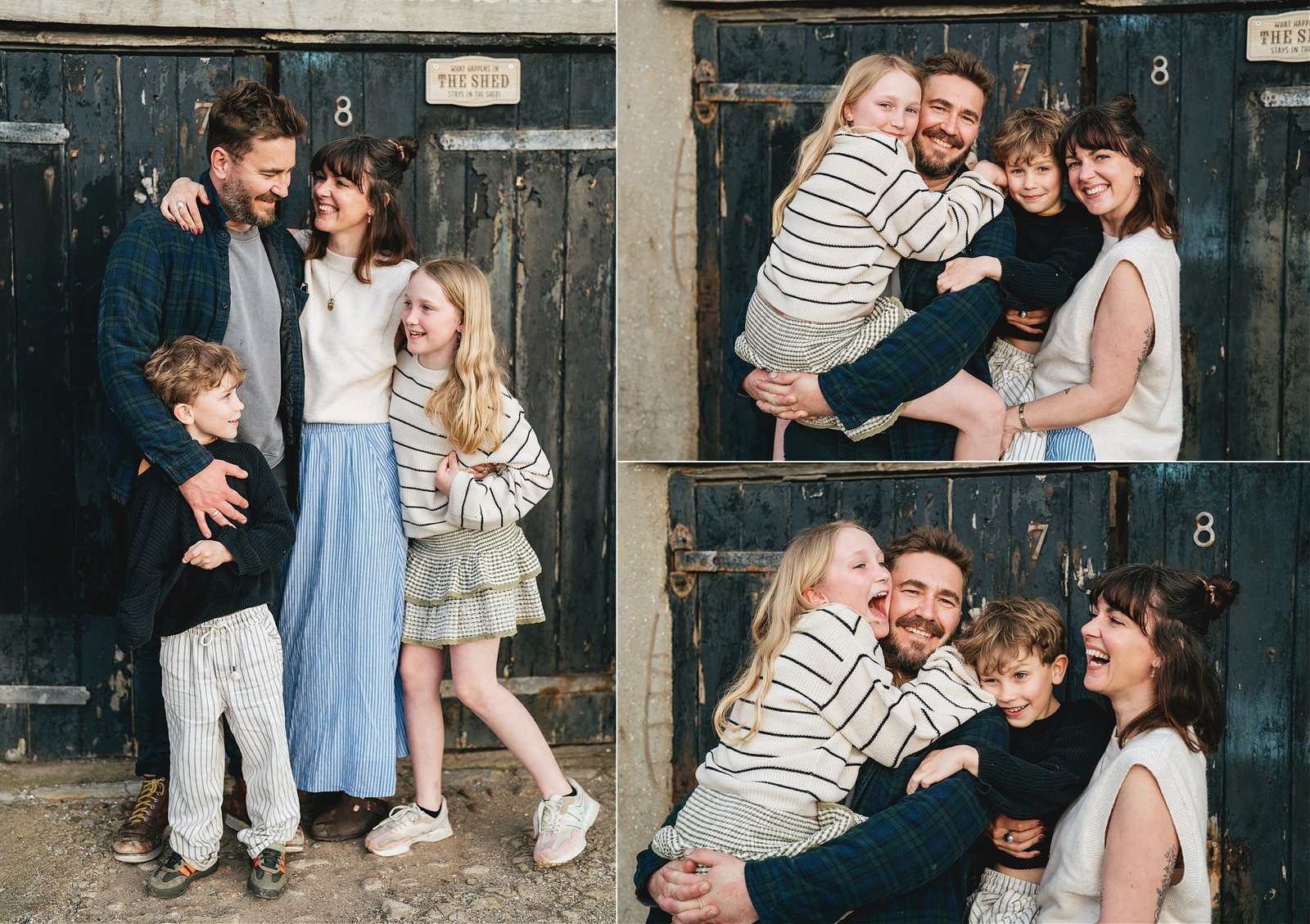 Relaxed family portraits in Lyme Regis, with the family standing in front of a painted black door and laughing together during a photography session