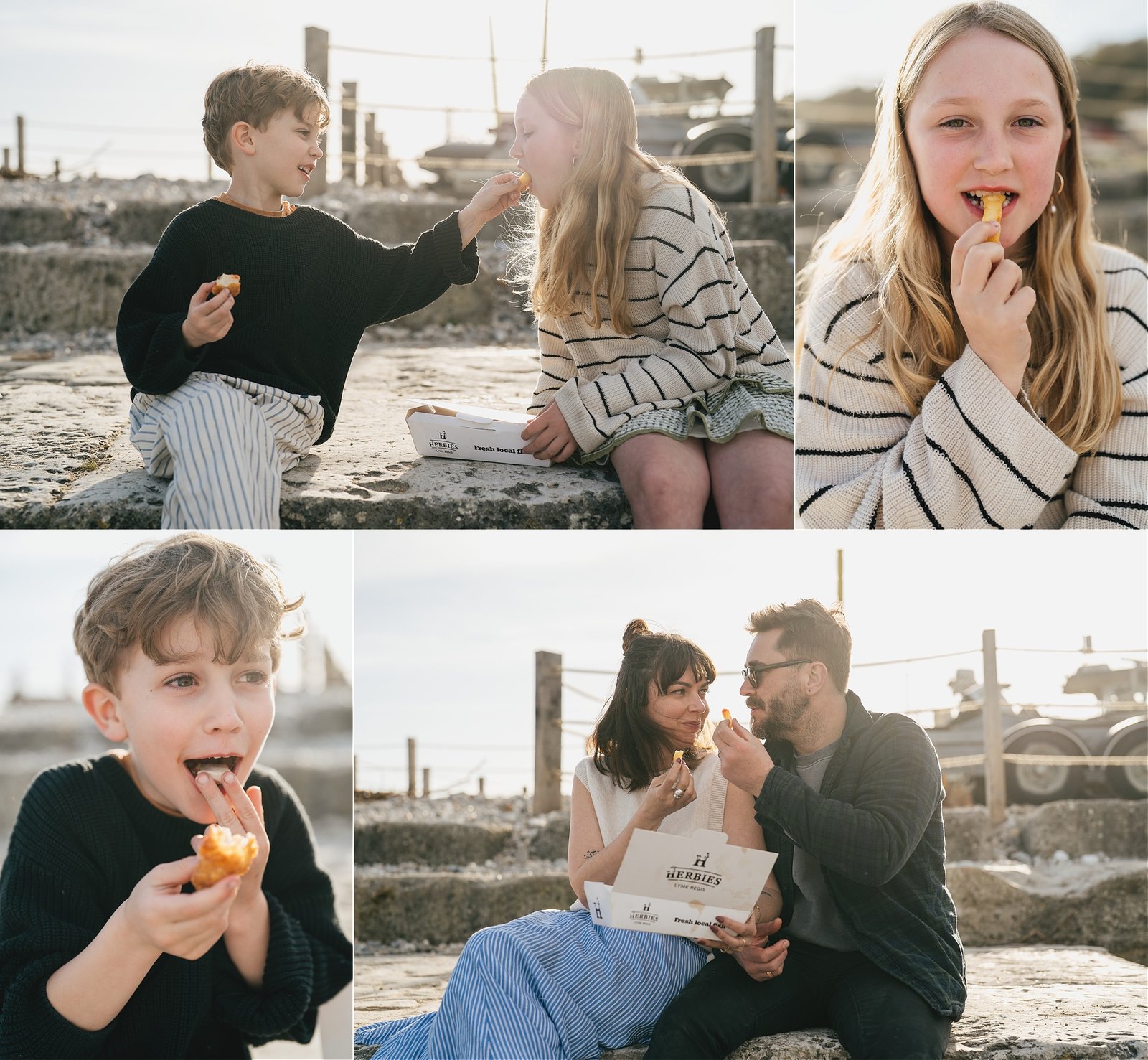 Parents with two children sitting on the Cobb eating fish & chips in Lyme Regis during a family photography session