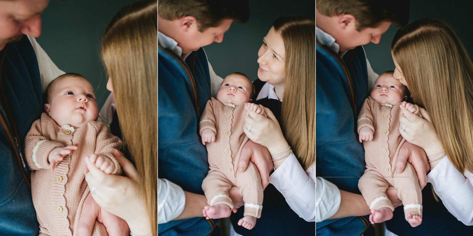 Mother and father cuddling with their newborn baby during a photo session at home in Somerset