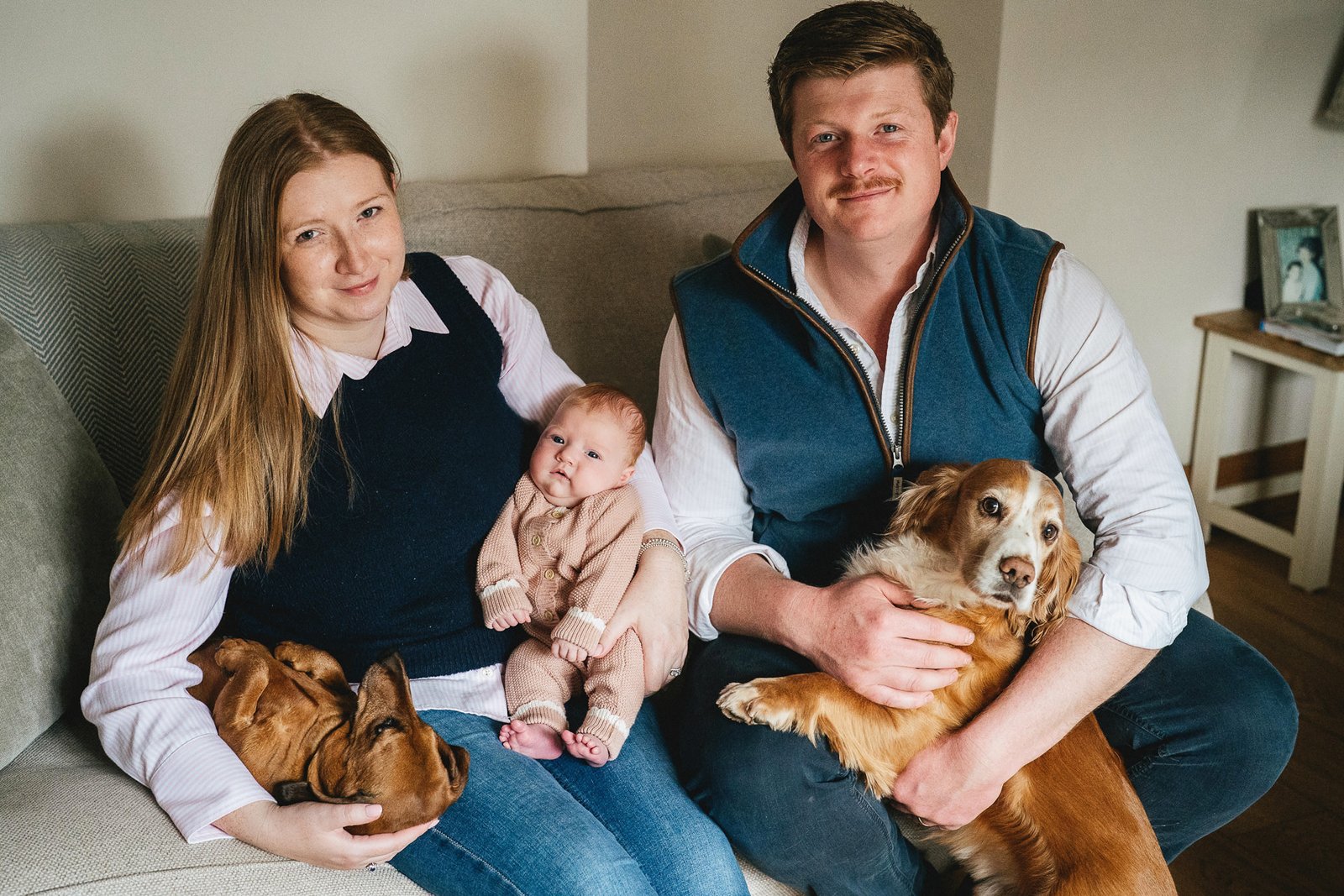 A family portrait with two parents, a baby and two dogs sitting at home together
