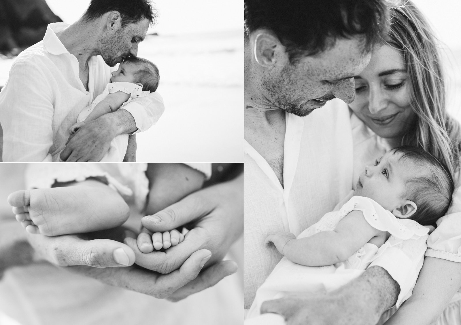 Parents cuddling a young baby during a photography session on the beach 