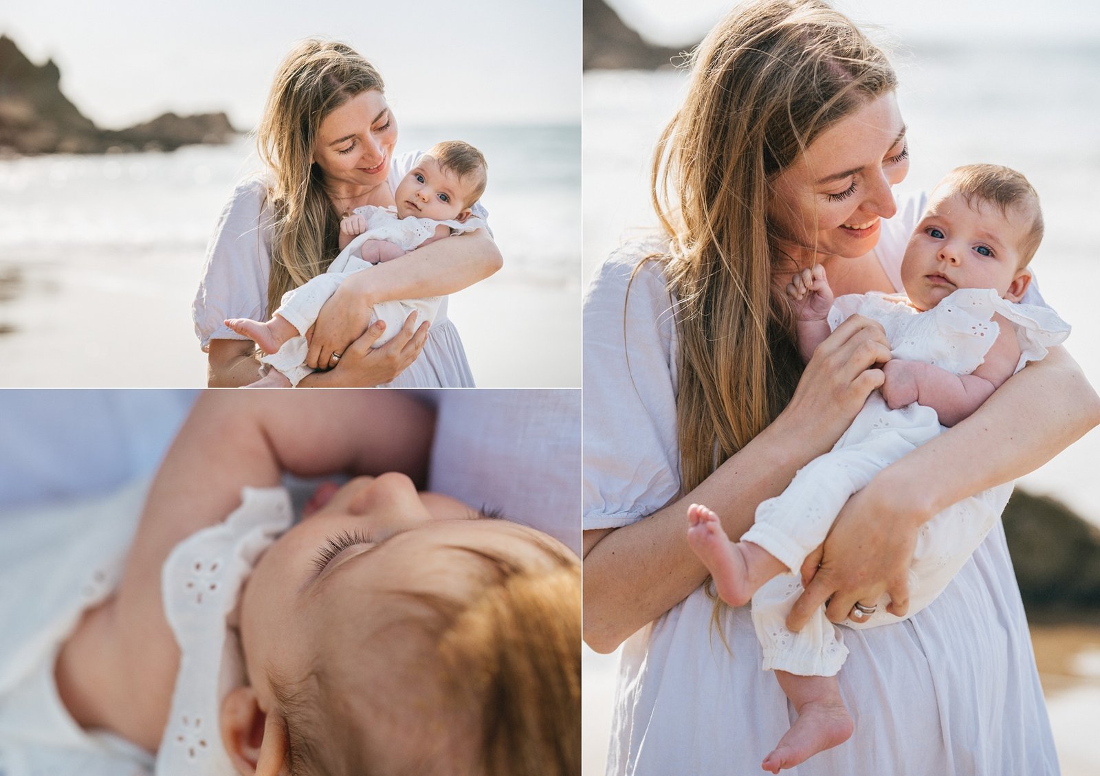 A mother and baby together by the sea during a photo session in Devon
