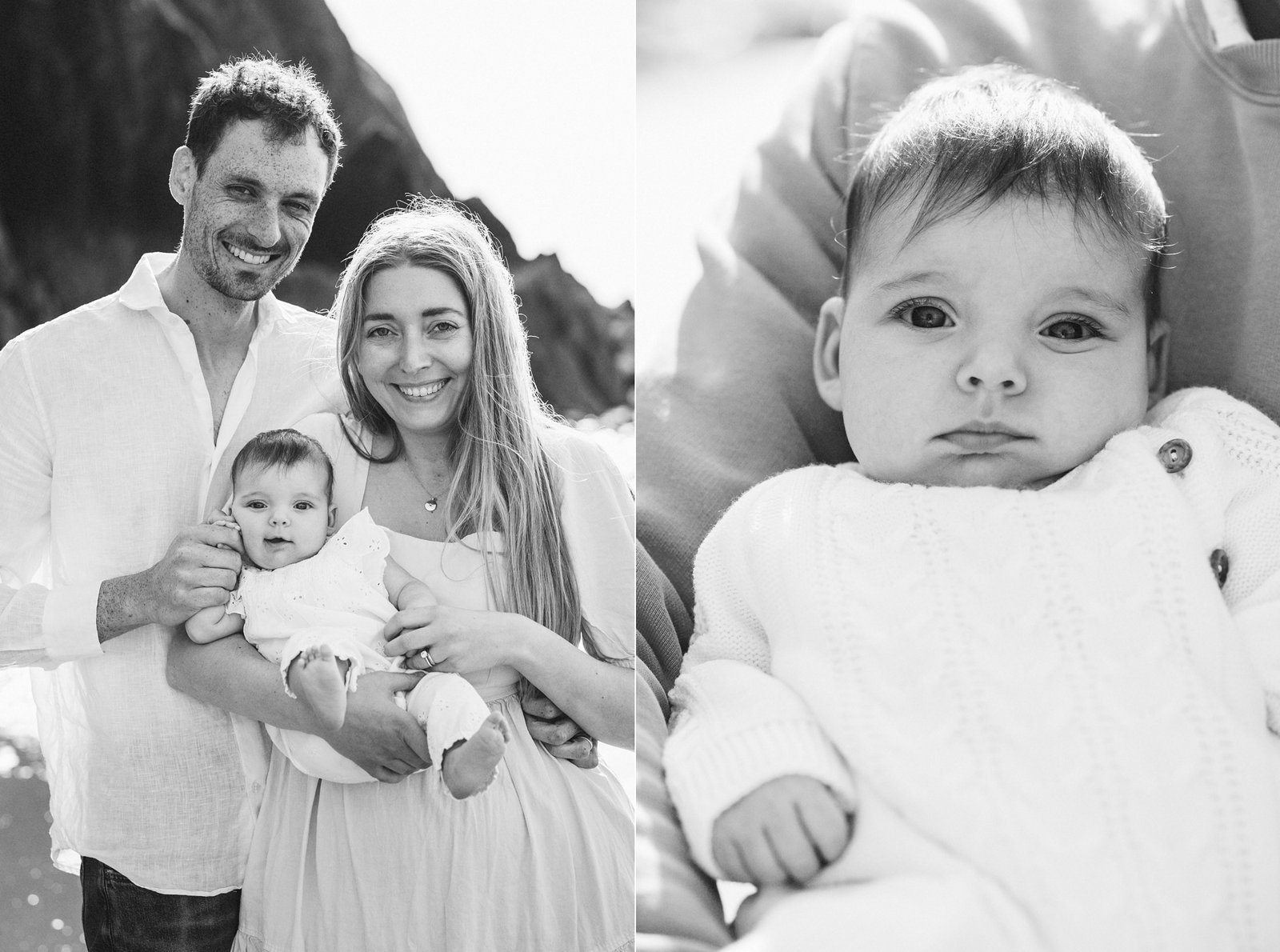 Family portraits of a young baby with parents at the beach