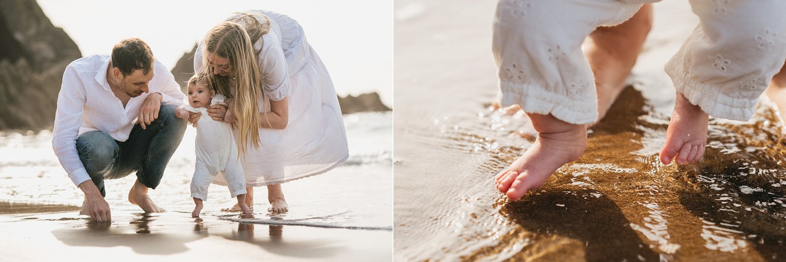 A young baby with parents dipping her toes in the water on the beach