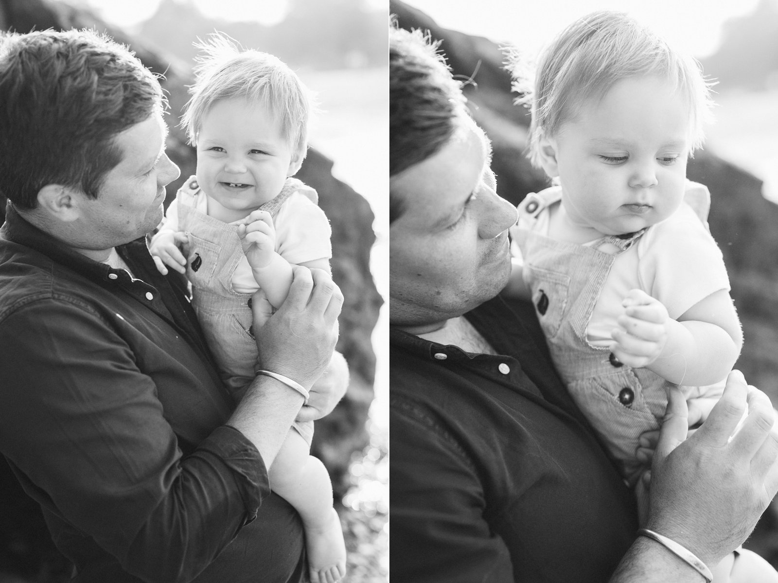 A father cuddling with his baby son during a family photo session in Torbay