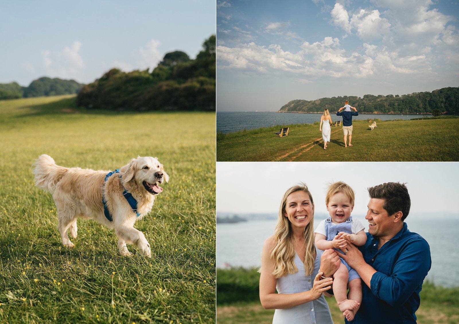 A family smiling and walking together with their dog at Broadsands beach in Devon
