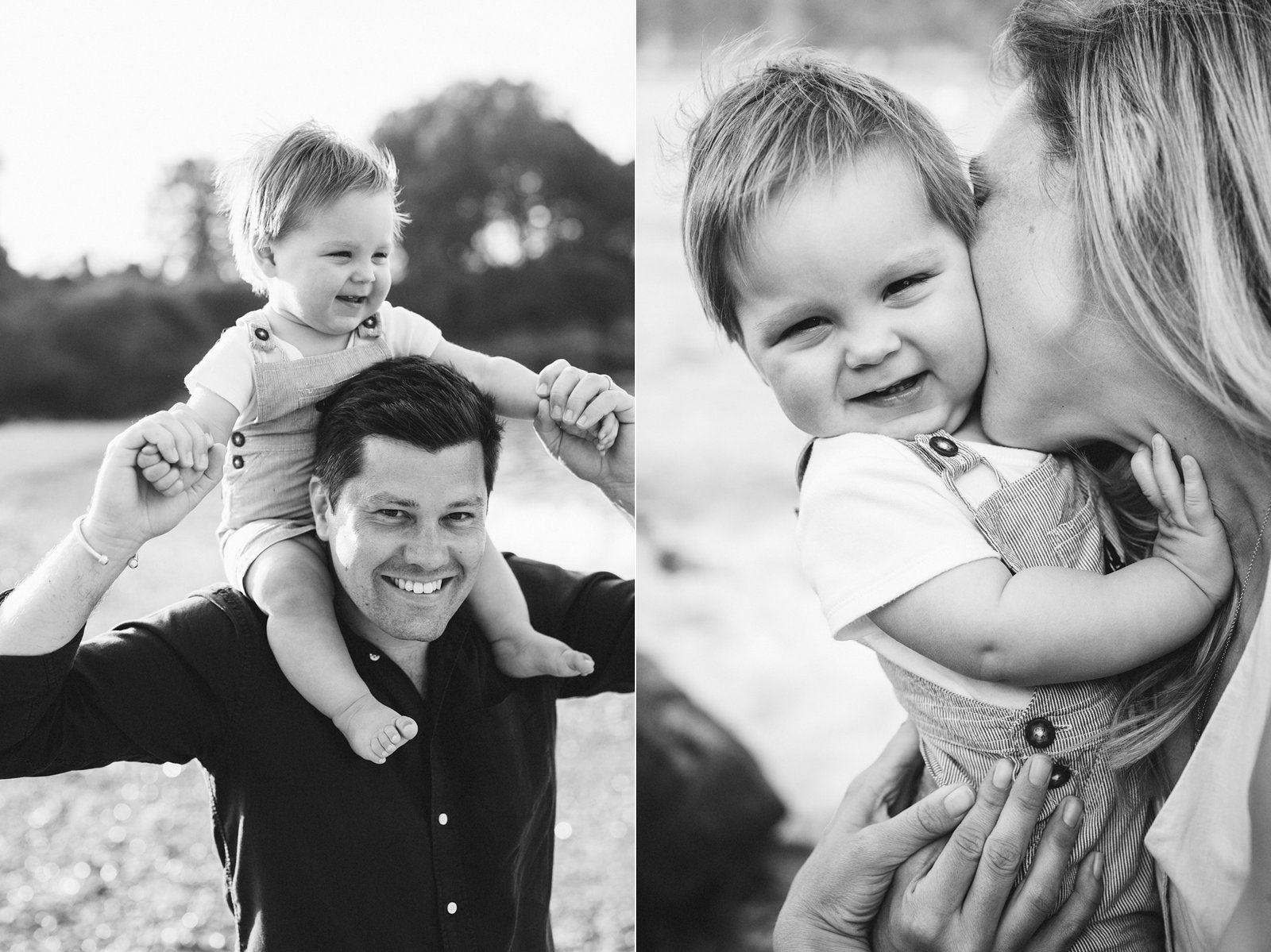 Black & white photos of a mother and father with their toddler during a family photo session at Elberry Cove